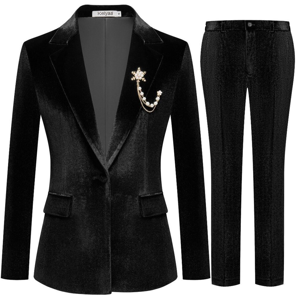 Velvet Suit Set Notch Lapel Slim Fit Blazer Pants Formal Wear